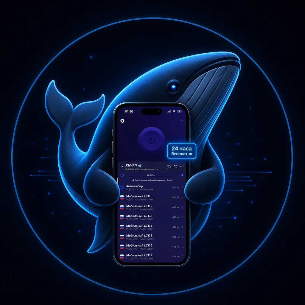 Кит из логотипа VP-N держит iPhone с пробной подпиской на 24 часа